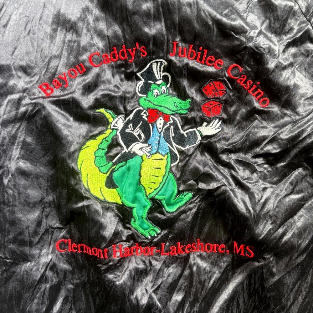 VTG 80s West Ark Bayou Caddy’s Jubilee Casino Satin Bomber Jacket Men's S Black - Picture 13 of 14